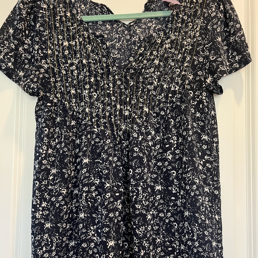 Alya Navy Blue Floral Print Babydoll Blouse, Size Small